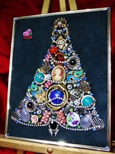 Vintage Jewelry Art Christmas Tree, Signed, & Framed