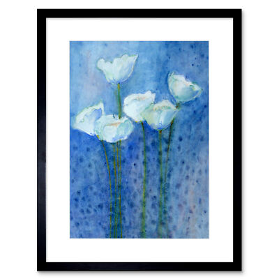 Blume weiße Tulpen auf blau gerahmtem Wandkunstdruck 9 x 7 Zoll