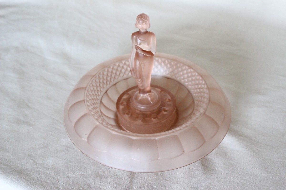 Art Deco Small Pink Glass Centrepiece Bowl and Figurine by Schweig Muller
