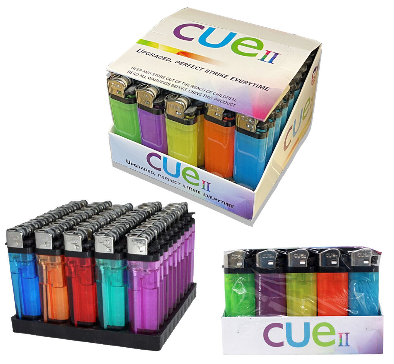 50 Count CUE II Classic Lighters, Assorted Colors, Regular S