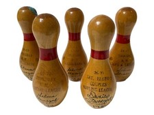 Vintage wooden miniature bowling pins high games set of 5 different winners