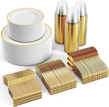 600 Gold Dinnerware Set for 100 Guests, White and Gold Rim Plastic Plates