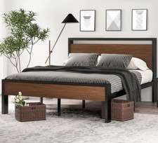 14 Inch Full Size Metal Platform Bed Frame with Wooden Headboard and Footboard,
