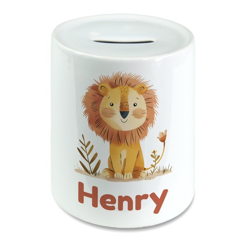 Personalised Cute Watercolour Lion Kids Savings Money Box Piggy Bank Name - Picture 1 of 2