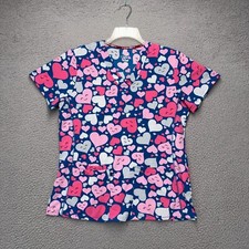 Devine Stretch Scubs Top Shirt Womens Medium Blue Pink Hearts Valentines Day
