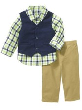Infant Boys Blue Green Plaid 3 Piece Dress Up Vest Outfit with Khaki Pants