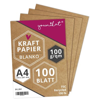 100 g/m² Recycling Design-Kraftpapier I DIN A4 I 100er Set I Blanko I zum sebst-