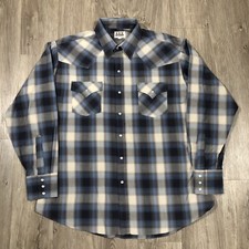 VTG Ely Cattleman Shirt Size XL Blue Plaid Long Sleeve Pearl Snap Western