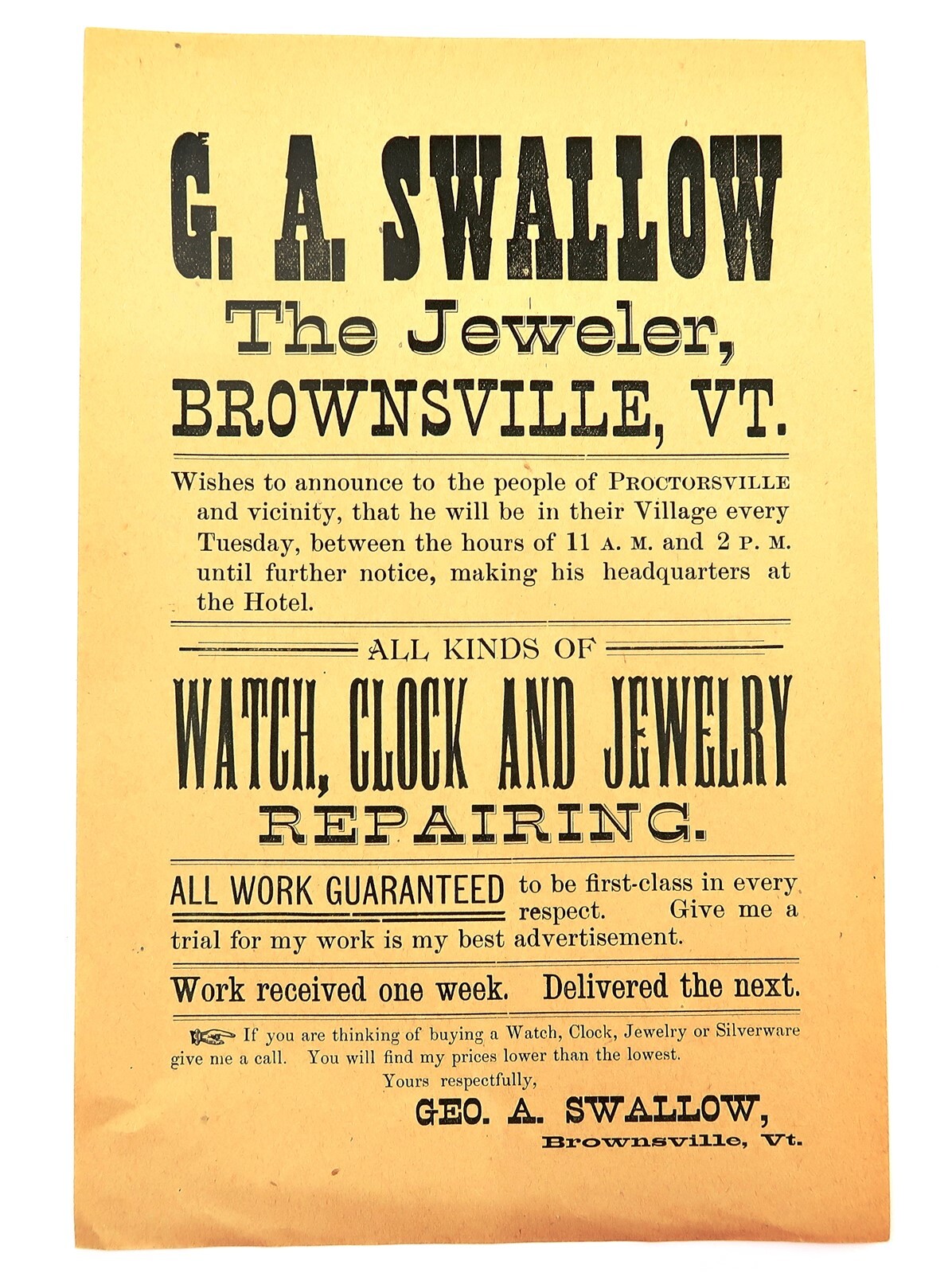 Antique Watch Clock Jewelry Repair Flyer by G A Swallow Jeweler n1