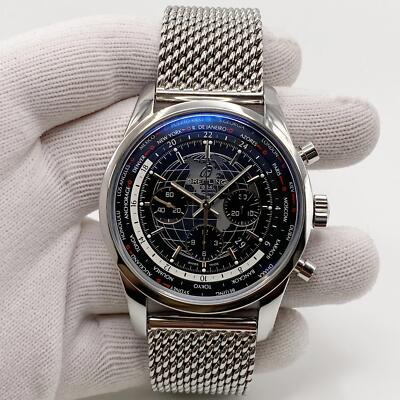 Breitling Transocean Steel Chronograph Unitime Black Dial Watch  AB0510U4/BE84