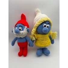 Vintage Handmade Smurf & Smurfette Crochet Plush Amigurumi Dolls Blue Red Yellow