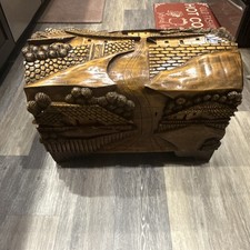 Antique Carved Brown Wooden Storage Chest Trunk Hinged Lid Rectangular 25x15
