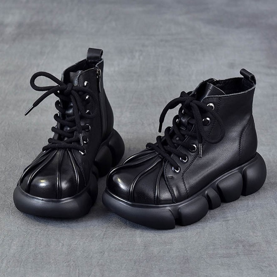 SAOLA Stivaletti donna suola spessa vera pelle plateau alto piatto creepers comodi