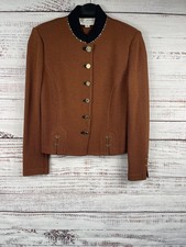 St John Collection Blazer Womens 4 Brown Wool Knit Button Strap Trim Collar