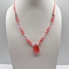 Vintage 90s Dainty Pink Strawberry Quartz Teardrop Pendant Beaded Choker Jewelry