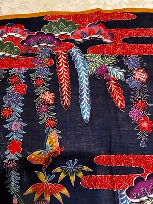 Japanese Furoshiki wrapping cloth 17x17 dark blue w/multi color bingata style 