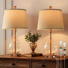Rustic Farmhouse Table Lamps Set of 2 with USB Ports and Bulbs Included