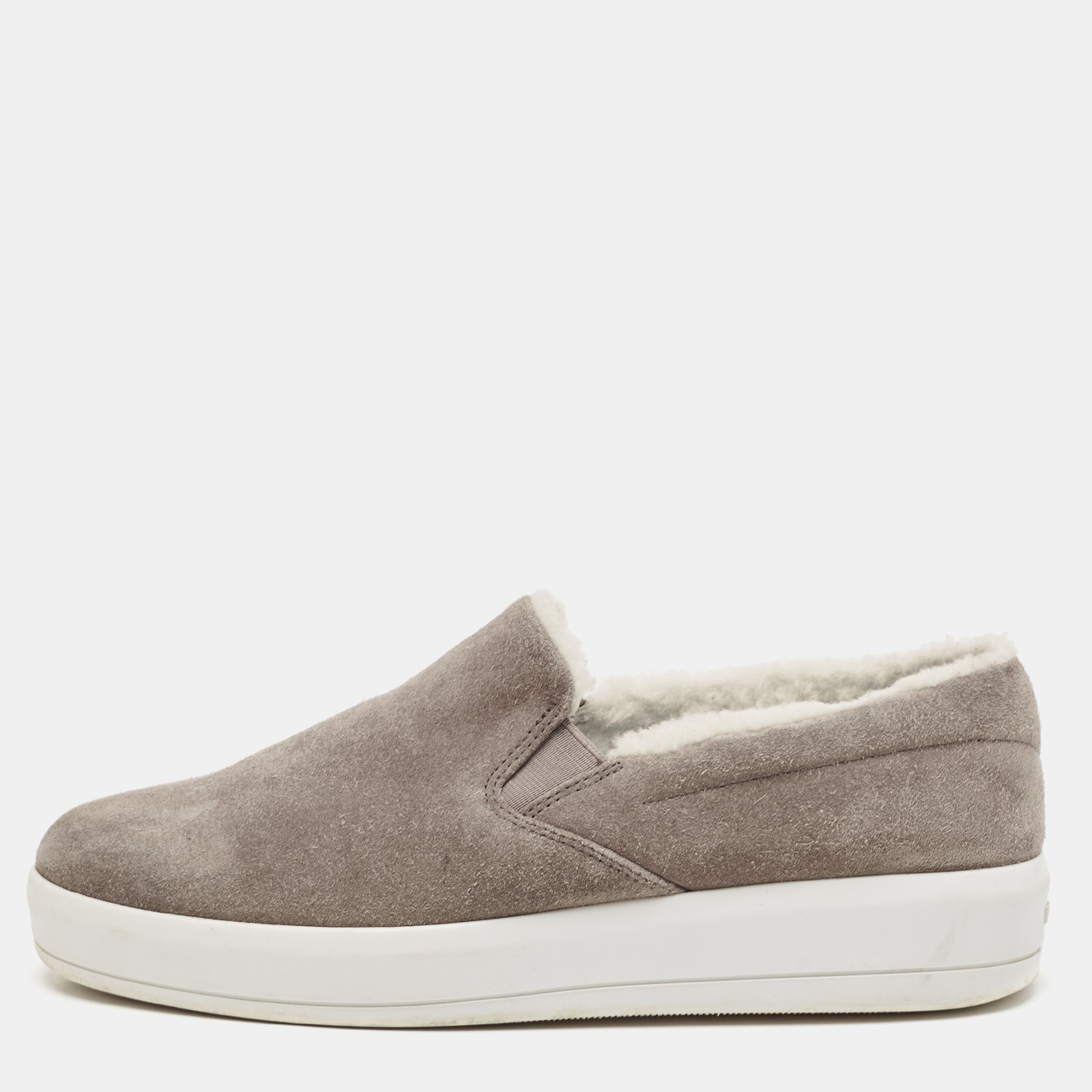 Prada Sport Grey Suede and Shearling Slip On Sneakers Size 38