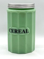 Vintage Jade Green Milk Glass Cereal Canister With Aluminum Lid Retro Kitchen
