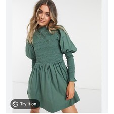 ASOS DESIGN Smocked Mini Dress Size 4 Olive Green Cottagecore Puff Sleeve