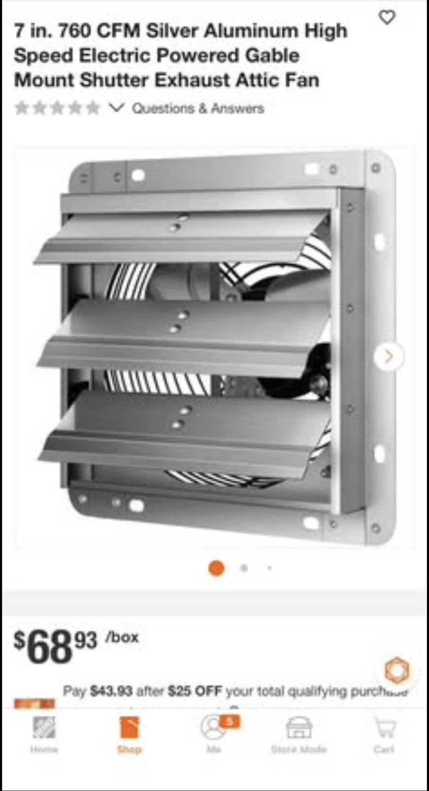 7 in. 760 CFM Silver High Speed Electric Powered Mount Shutter Exhaust Attic Fan