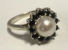 Vintage Sterling Silver Natural Pearl & Sapphire Ring Size 6.5