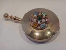 Vintage Jeweled Pocket Pill Snuff Trinket Box Hinged Cover with Handle (L1)