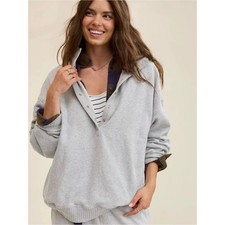 aerie Oh Snap Sweatshirt Henley Funnel Neck Heather Gray Large