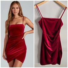 WINDSOR Red Velvet Bodycon Dress – Draped Mini – “All Eyes On You” – Size M