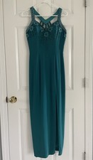 Fleur De Lis Formal Gown Dress 12 Teal Beaded Slit Strappy Mermaidcore