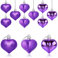 12 PCS Heart Ornaments 3 Different Finishes Shaped Hanging Purple