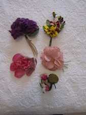 6 Vintage Millinery Hat Flowers Silk Cotton Velvet--Purple Pink  Yellow--- 29