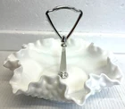 Vtg Fenton White Milk Glass Ruffled Edge Hobnail Silver Handle Tidbit Candy Dish