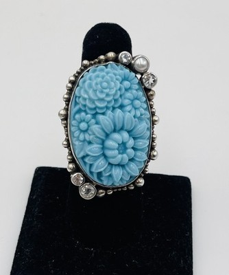 Mars & Valentine Sterling Silver Carved Blue Flowers Floral Large Ring Size 7.5