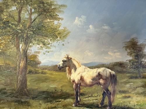 Pintura al óleo ecuestre sobre lienzo caballo blanco en campo ornamentado marco dorado firmado - Imagen 2 de 7