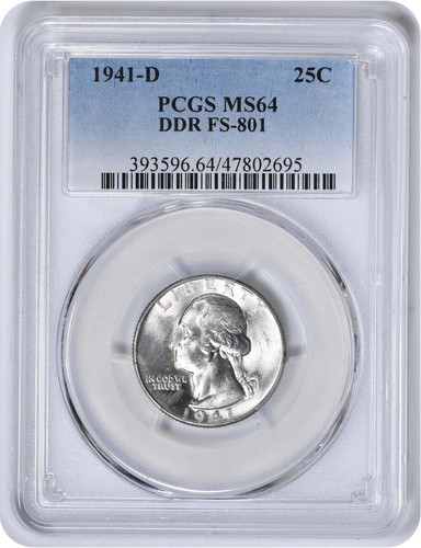 1941-D Washington Silver Quarter DDR FS-801 MS64 PCGS - 第 1/2 張圖片