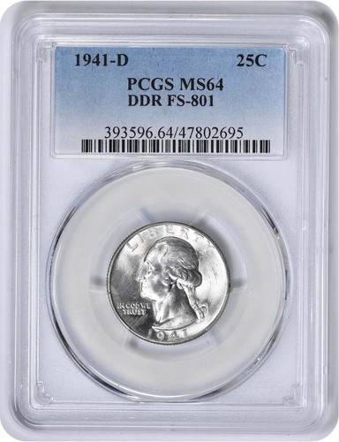 1941-D Washington Silver Quarter DDR FS-801 MS64 PCGS - Picture 1 of 2