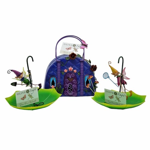 Oliv & Salbei Metall Fee Lila Handtasche Haus Regenschirm Outdoor Garten Deko