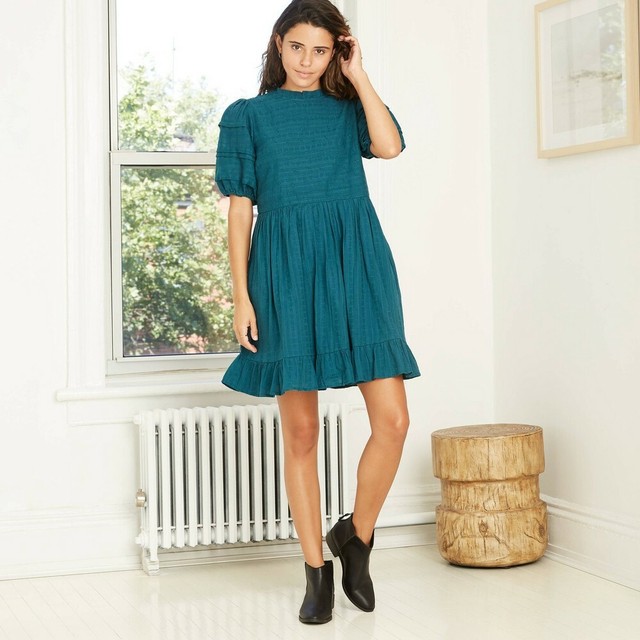 Women's Puff Short Sleeve Eyelet Dress - Universal Thread Teal L Blue B17 for sale online | eBay