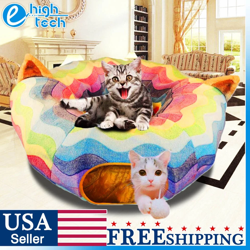 HOMEYA Cat Tunnel Bed Toy With Central Mat and Peek Hole Collapsible Hanging Ball Toys