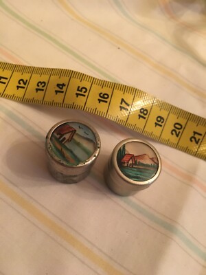 2 x Vintage ? art deco Pillen Schnupftabak kleine Dosen Metall ? emaille bilder tops