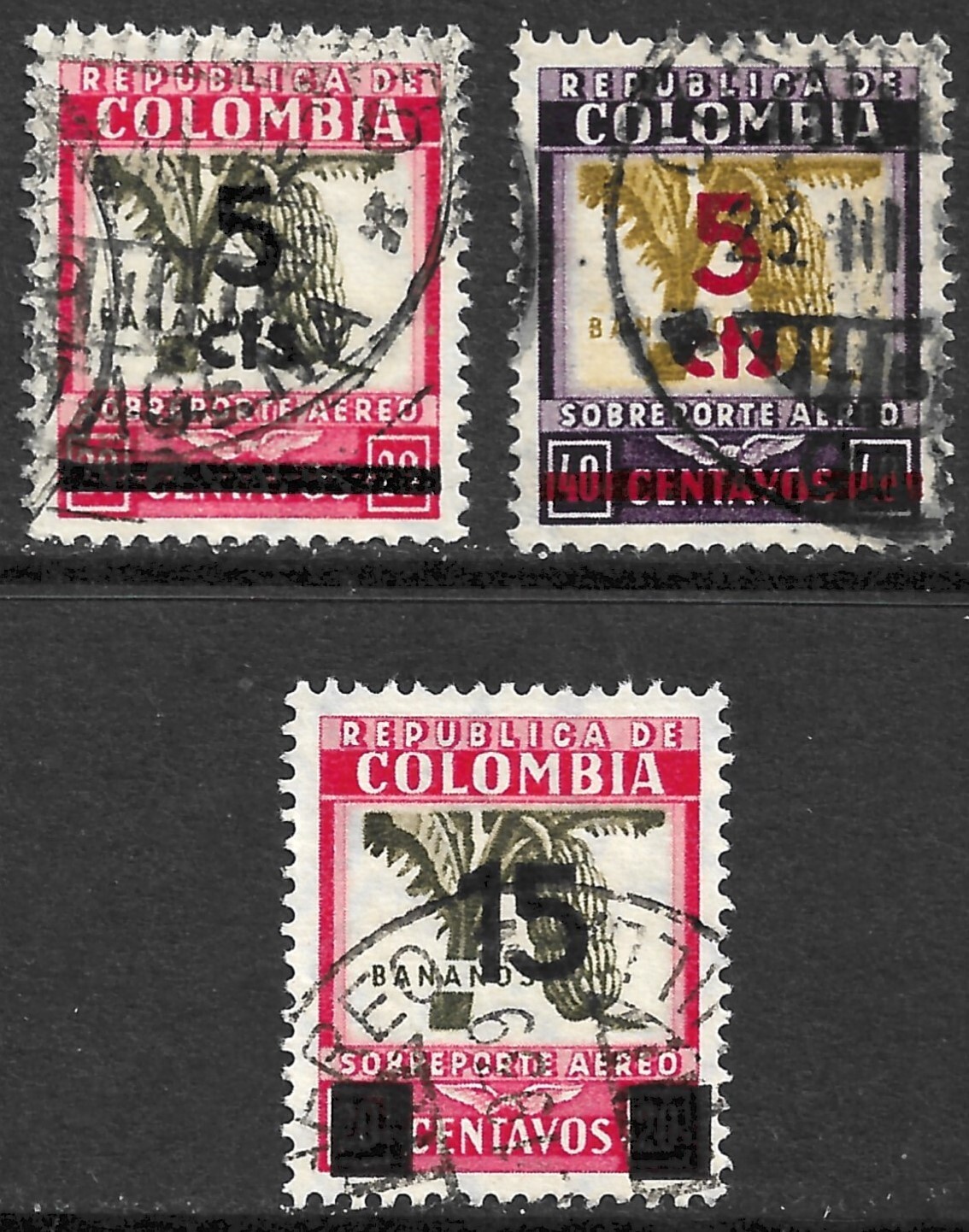 Colombia Scott #C115-C117 Airmail VF Postally Used Issued 1939 Surcharge