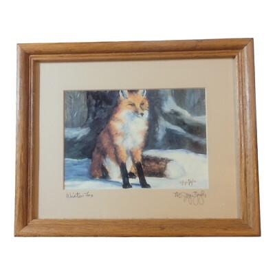 'Winter Fox' Artist M. Joyce Zeigler  Signed Print Wood Framed Snow Realistic 