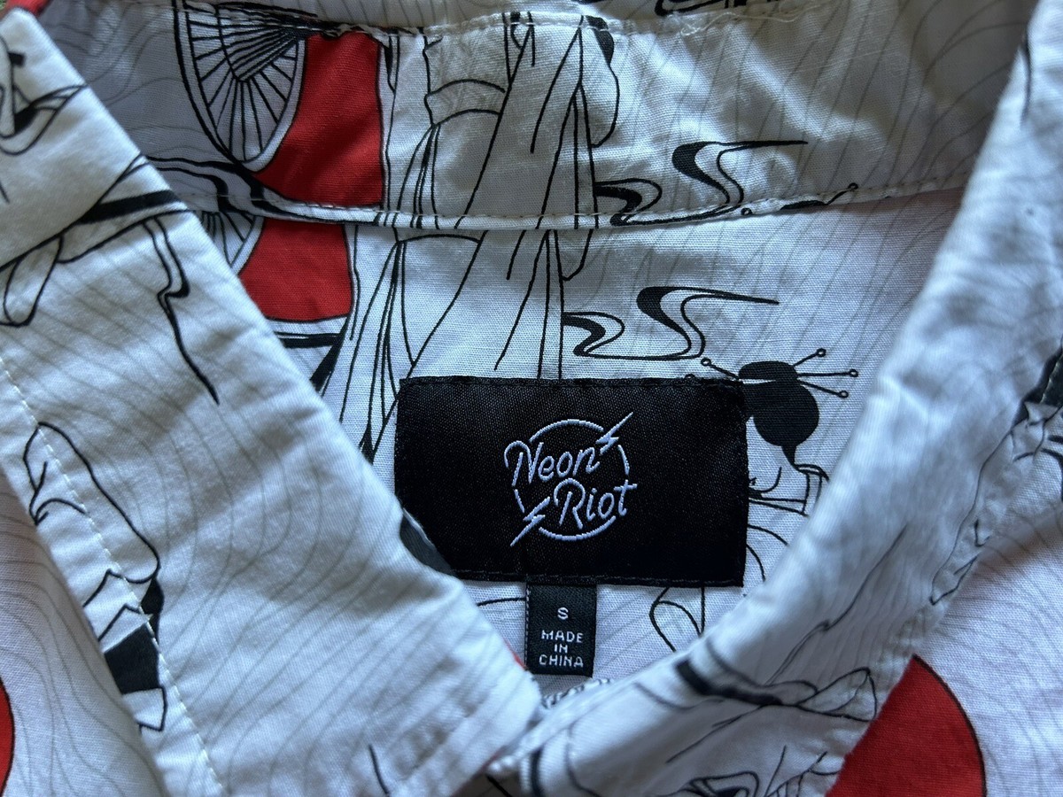 Men's Neon Riot Geisha Kimono Fan Button Up Short Sleeve Shirt