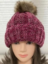 New CC Exclusions Pink With Burgundy Knit Wool Cap With Pom.