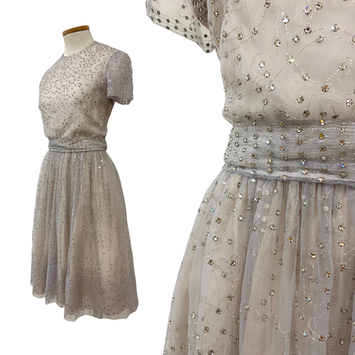 Vintage 1960s Harvey Berin by Karen Stark Silver Sheer Rhinestone Party Dress - Picture 5 of 8