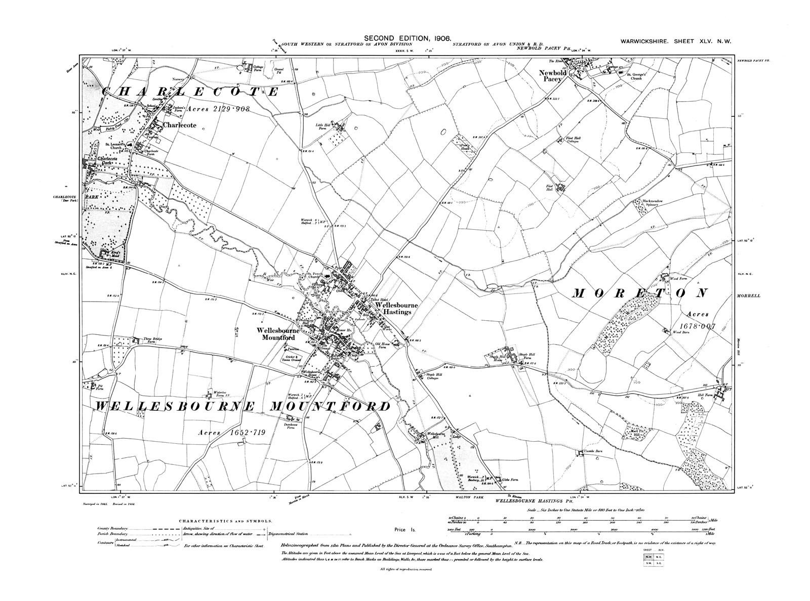 Old Map of Wellesbourne Hastings, Charlescote, Warwickshire 1906