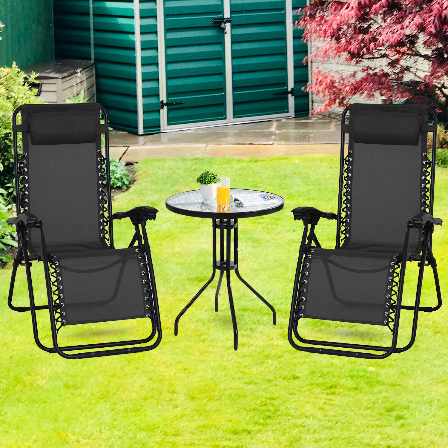3 Piece Zero Gravity Reclining Garden Patio Deck Chair Sun Lounger