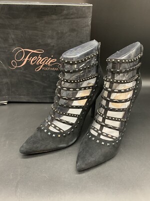 Fergie Womens Heels 8.5M Aubree Black Suede Leather Caged Stiletto