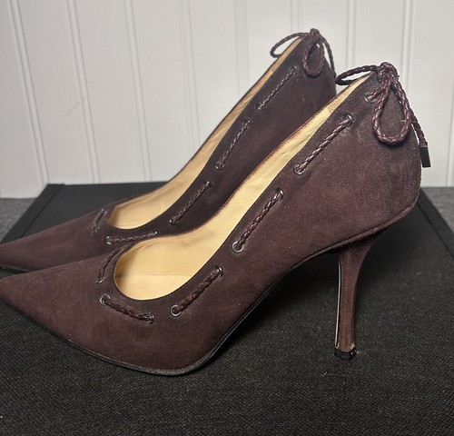 Vintage Jimmy Choo Chocolate Suede Bow Tie Size 37.5 - Picture 2 of 12